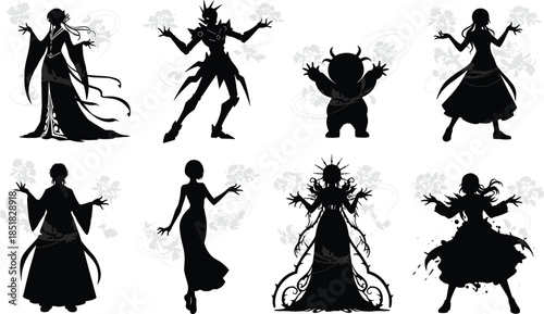 Fantasy silhouette characters in dramatic poses, ornate costume designs, floral background elements, stylized concept art, diverse magical figure illustration