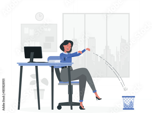Woman throwing paper into office trash can desk computer chair des