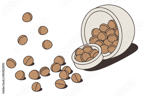 Scattered brown medicine pills falling out of a white container, simple vector illustration for health care and pharmacy