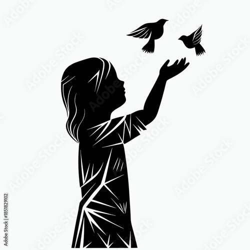 Girl reaching out to birds in silhouette on light background  