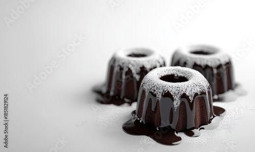 Three mini chocolate bundt cakes dusted with powdered sugar overhead