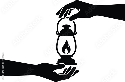 Lantern passing hands silhouette, symbolic gesture of guidance, mentorship, wisdom sharing, support, elegant black icon for inspirational design