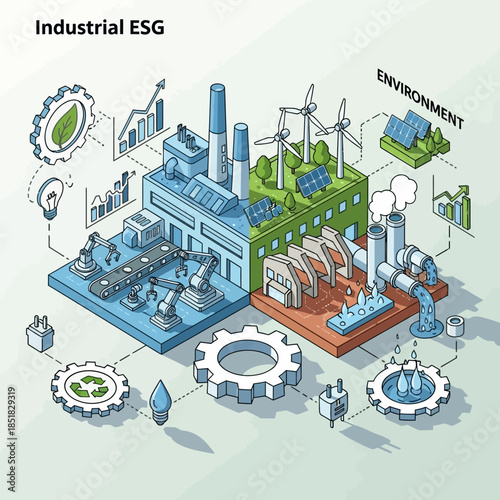 Industrial ESG Environment Concept with Factories and Renewable Energy.
