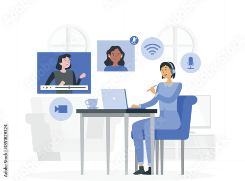 Woman wearing headphones sitting at desk with laptop and coffee cup conferencing with two other desi