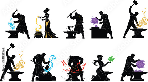 Magical blacksmiths and alchemists forging elemental energy, fantasy crafting silhouettes, glowing crystals, mystical tools, vibrant concept art, enchanted workshop scene