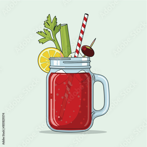 Illustrated Bloody Mary cocktail in a mason jar with celery, lemon, and olive garnish.