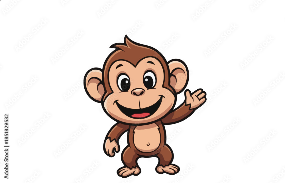 Naklejka premium Cute Cartoon Monkey Character Waving and Smiling, Friendly Animal Mascot Illustration