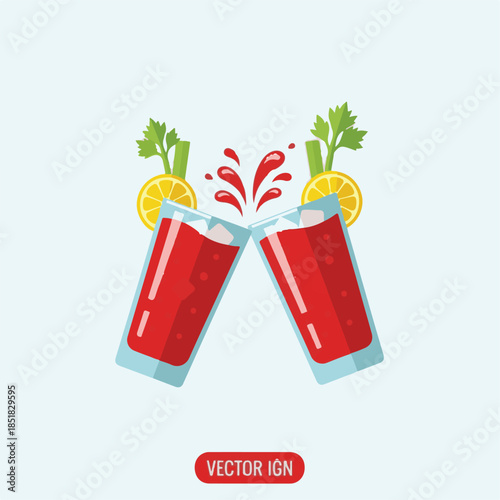 Two glasses of red juice or cocktail clinking together with a splash, garnished with lemon and celery, on a light background.