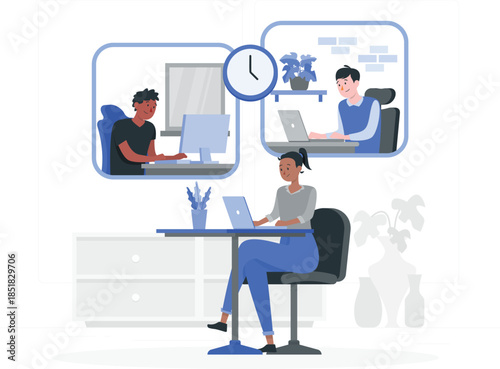 Woman working on laptop with two coworkers in inset computer desk office