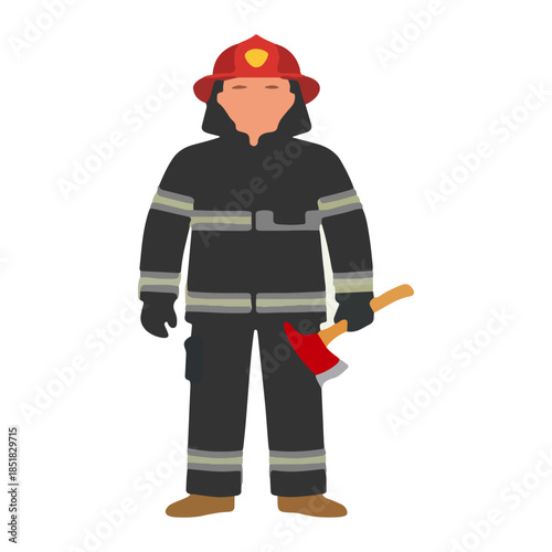 Firefighter in uniform holding axe ready for emergency response
