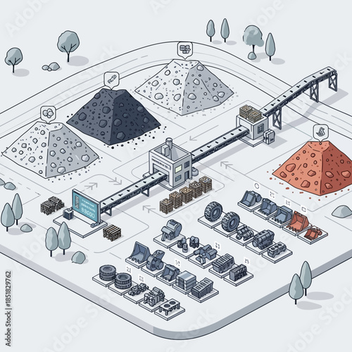 Isometric illustration of a mining and processing plant with various raw materials and finished products.