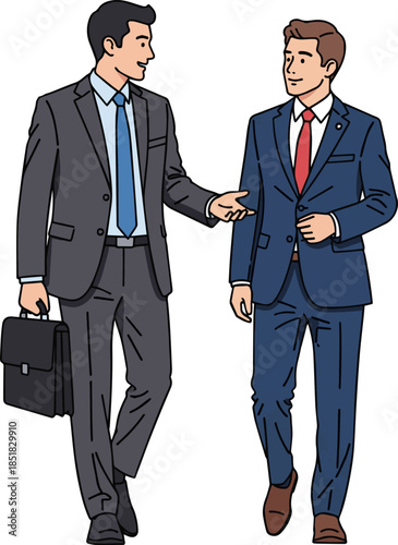 Create a Two men in suits walking and talking business vector art with white background..