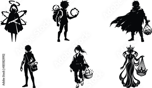 Mystical, sci-fi, folklore, and regal character silhouettes, black and white illustration, glowing accessories, fantasy concept art, diverse figure design