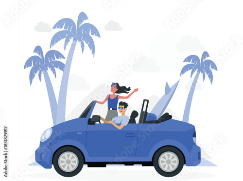 Young couple on vacation in blue convertible car with palm trees tropical desig