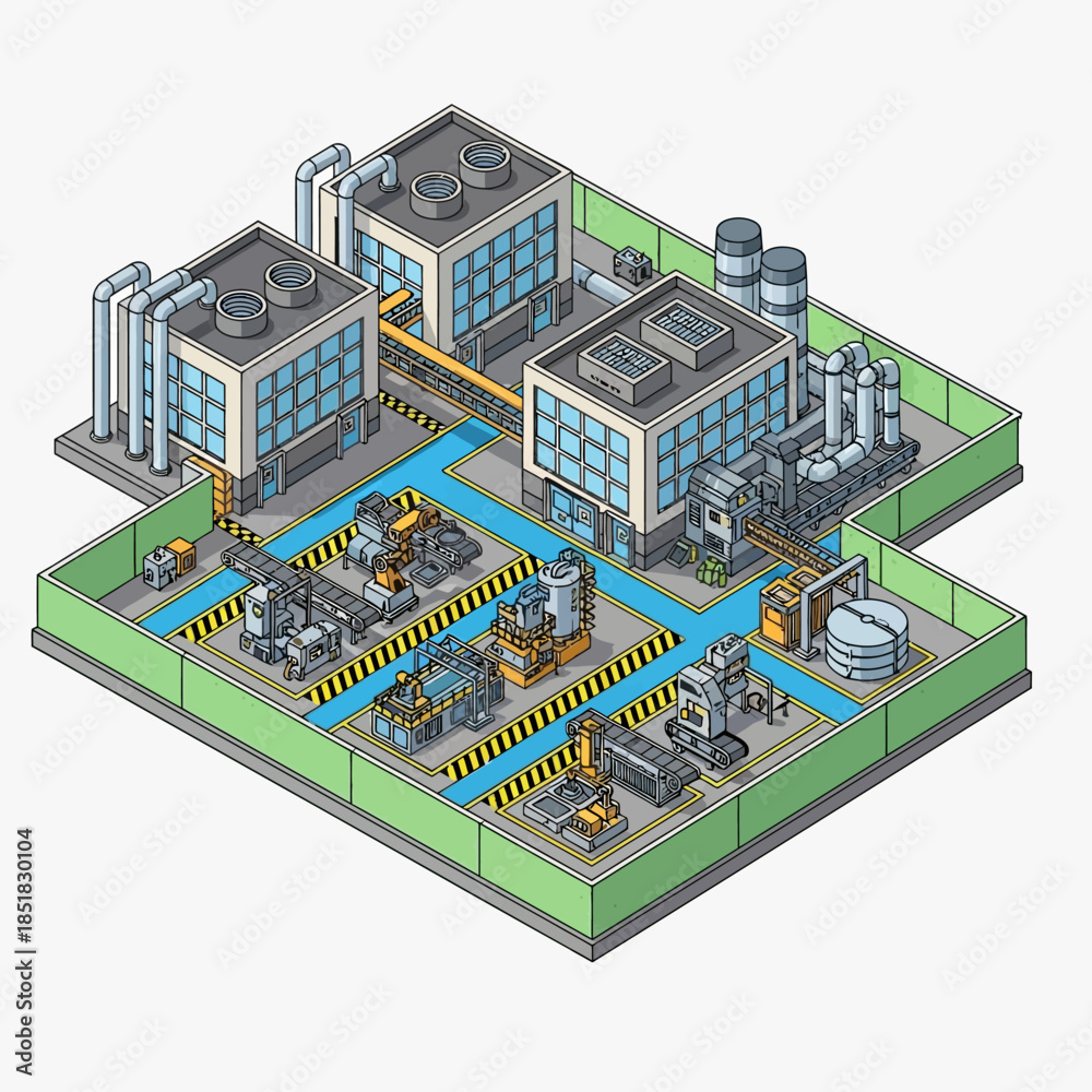 Obraz premium Isometric Industrial Factory Complex with Multiple Buildings and Machinery.