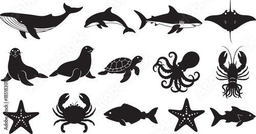 Collection of black and white sea animal silhouettes