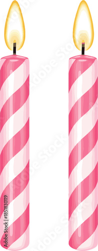 Create a Two pink striped birthday candles isolated PNG on transparent background, festive celebration decoration for party and holiday vector art with white background..