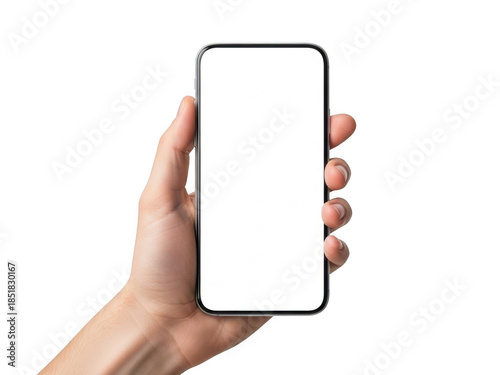 Hand holding smartphone isolated on transparent background
