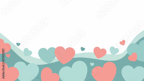 Decorative background with numerous pastel pink and teal hearts, featuring flowing abstract waves perfect for romantic greetings, invitations, or affectionate digital designs