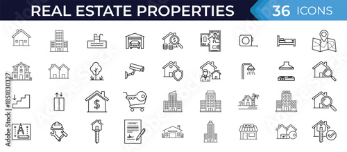 Realestate outline icon set. Property, building, architecture, urban, house, apartment, skyscraper, investment, business, finance outline vector illustration
