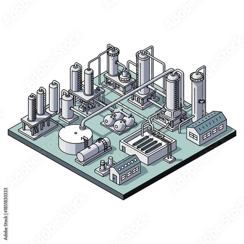 Isometric Industrial Plant with Tanks and Pipes.