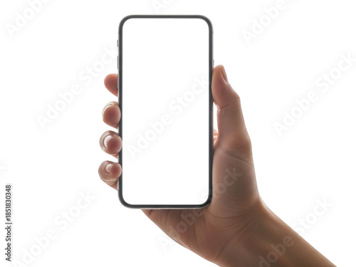 Hand holding smartphone, isolated on transparent background
