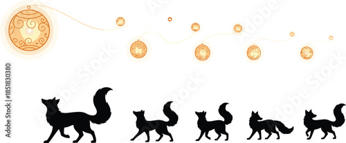 Silhouette fox transformation sequence with medallion icons, symbolizing animation, evolution, motion, and character development in digital art