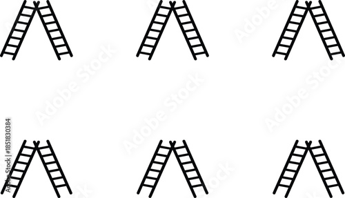 Silhouette grid of paired ladders forming V-shapes, black and white illustration symbolizing support, teamwork, structure, and architectural symmetry