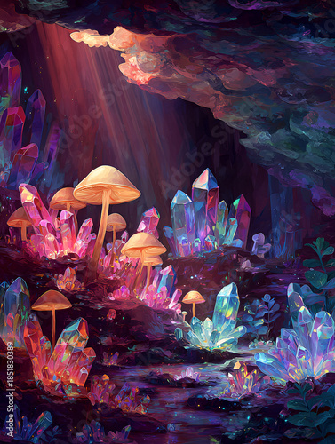Stunning Fantasy Cave Filled with Vibrant Blue and Pink Bioluminescent Crystals and a Glowing Underground River, Ethereal Subterranean Landscape Concept, Magical World with Shimmering Minerals and Neo