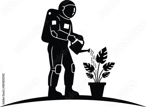 Silhouette of astronaut watering plant, black and white illustration symbolizing space ecology, sustainability, life support, and cosmic care