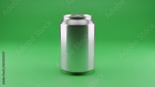 Close-up shot of a silver soda can on a green background with a shallow depth of field.