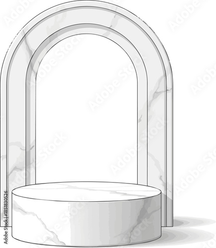 Create a White marble podium with arch backdrop vector art with white background..