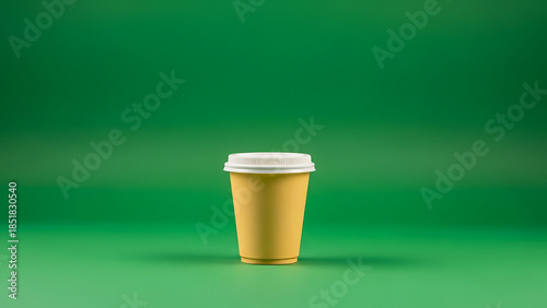 A yellow disposable coffee cup with a white lid sits on a green surface against a green background with a shadow underneath.