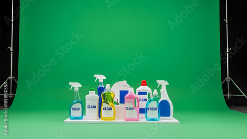 A collection of cleaning supplies arranged on a white tray against a green screen background with studio lighting.