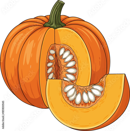 Create a whole fresh orange pumpkin and a bright cut slice revealing its seeds are perfectly Vector art with white background..