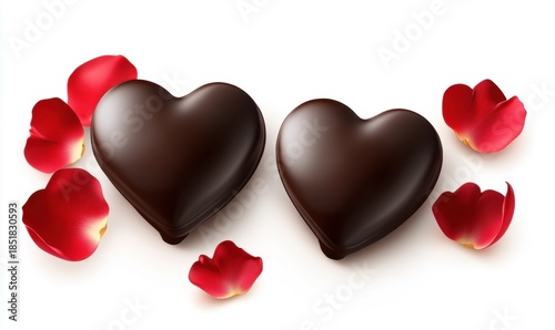 Two chocolate heart candy with red rose petals on white background