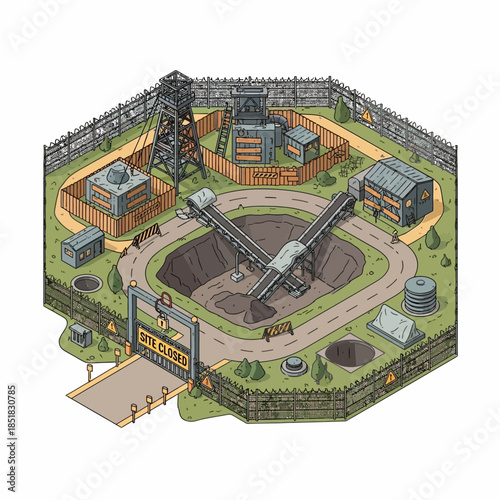 Isometric view of a fenced industrial site with excavation and machinery.