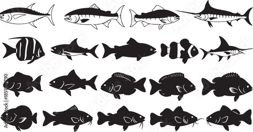 Collection of black and white fish silhouettes