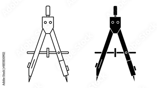 A pair of compasses illustrated in black and white, side by side, showcasing their design and functionality