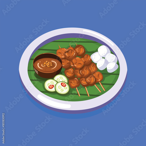 A flat illustration of a traditional satay dish served with rice cake and peanut sauce, suitable for culinary menus and food promotions.