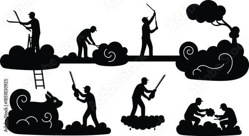Silhouette of gardeners pruning, sawing, and shaping clouds into decorative forms like animals and swirls, blending fantasy with landscaping in surreal cloud gardening.