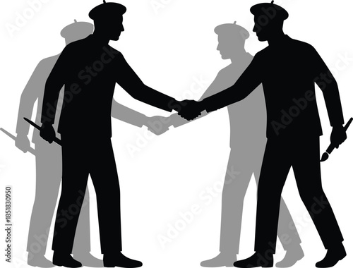 Silhouette of handshake with hidden batons, black and white illustration symbolizing diplomacy, deception, conflict, and concealed intentions