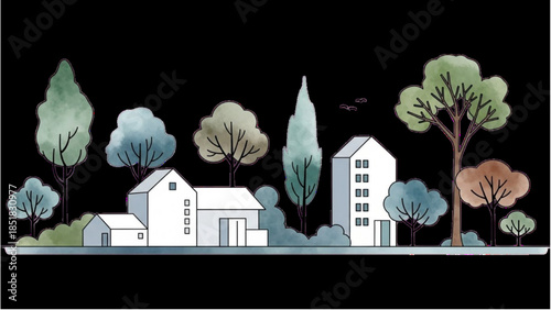 Illustration of white buildings surrounded by trees against a black background from a frontal viewpoint