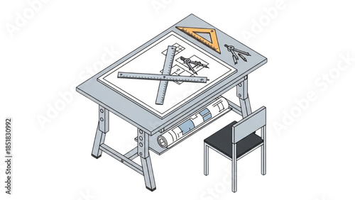 Technical drawing of architectural plans on a drafting table with drawing tools and a stool beside it.