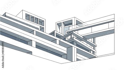 Modern architectural building design illustration with staircase and windows from an isometric viewpoint