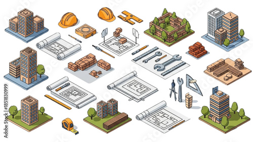 Various buildings and construction elements illustrated in a 3D isometric style on a white background.