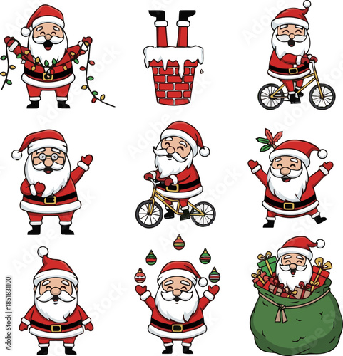 Isolated a kinds of deferent cute christmas funny santa claus cartoon character illustration, clip art vector art with white background.