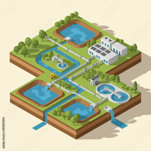 Isometric Water Treatment and Distribution System Illustration.