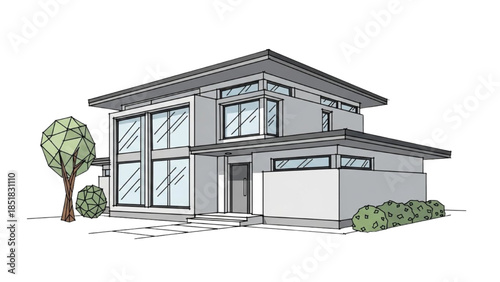 Modern house illustration with large windows and a tree in the front yard