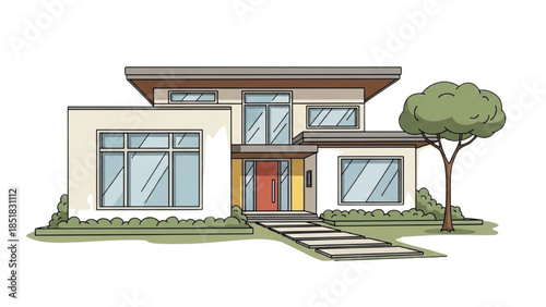 Modern house with a red front door and a tree in the front yard